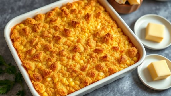 Golden corn casserole in baking dish, garnished with parsley.