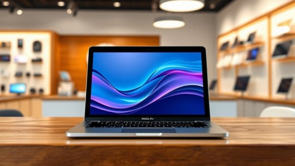 Sleek MacBook Air on display in a bright electronics store, ideal for students.