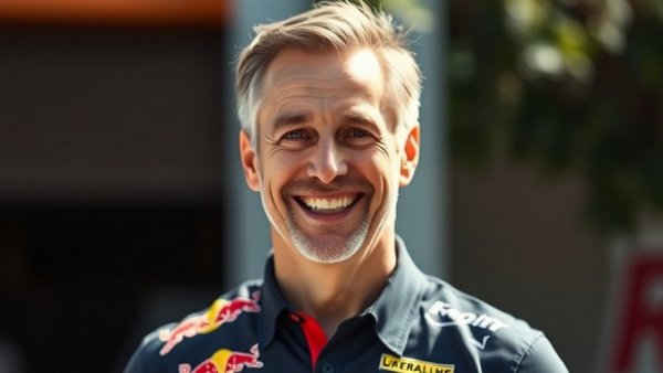 Red Bull Racing team member smiling outdoors.