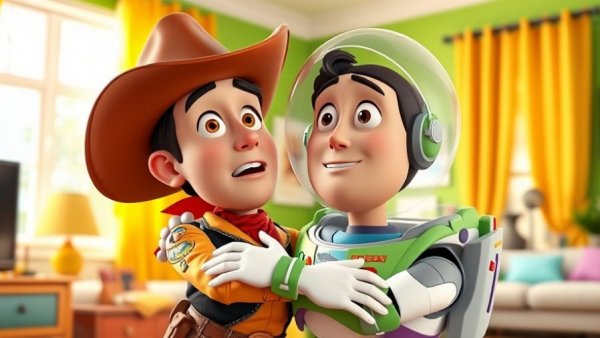 Animated characters reacting with surprise in colorful room, illustrating screen time effects on children's development.
