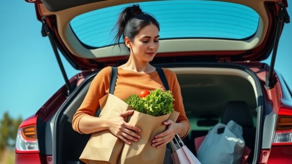 Woman loads groceries into car during pause on SNAP payments.