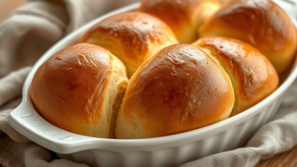 Buttery brioche rolls with golden brown tops in a baking dish.