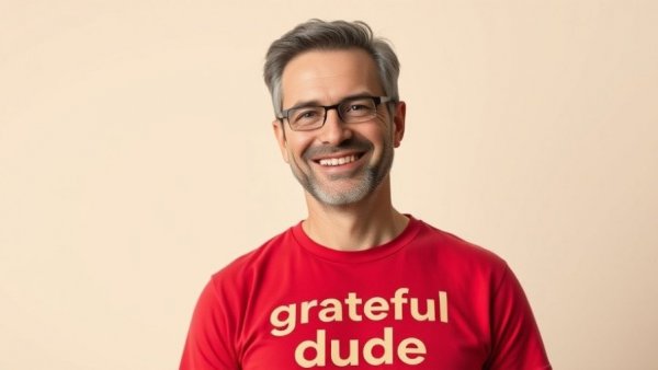 Smiling man embracing gratitude, wearing 'grateful dude' t-shirt.