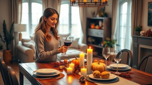 Ultimate Thanksgiving Checklist for a Stress-Free Feast setup with woman holding wine.