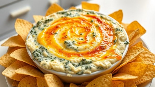 Creamy spinach artichoke dip recipe with crispy top and tortilla chips.