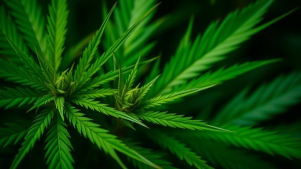 Close-up of vibrant green hemp leaves under bright light, showcasing texture.