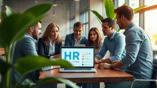 Team meeting discussing HR solutions software benefits in modern office.