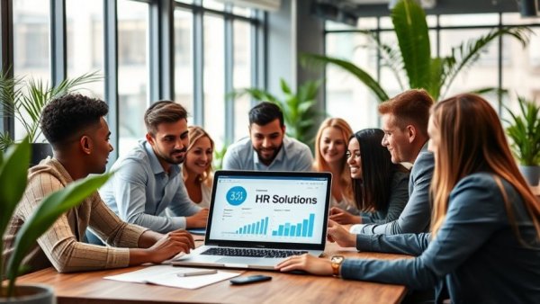 Team discussing HR solutions software in a modern office setting.
