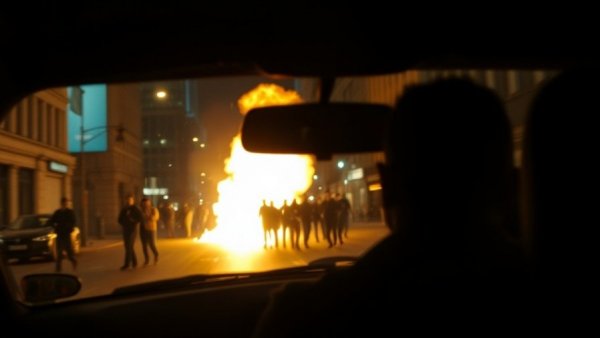Blurry night scene with car on fire and people in background.