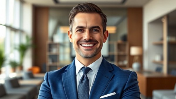 Confident businessman exuding trust with investors in professional setting.