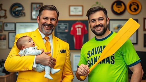 Savannah Bananas fan engagement, men smiling with bat.