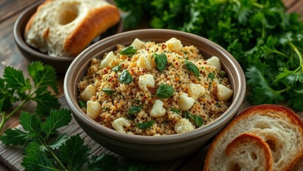Quinoa and cauliflower salad in rustic bowl on wooden table.
