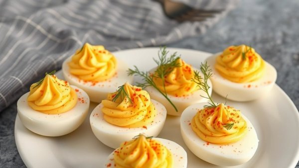 Make-Ahead Deviled Eggs elegantly displayed on a platter.