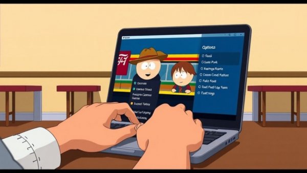 Animated hands typing on laptop displaying South Park scene.