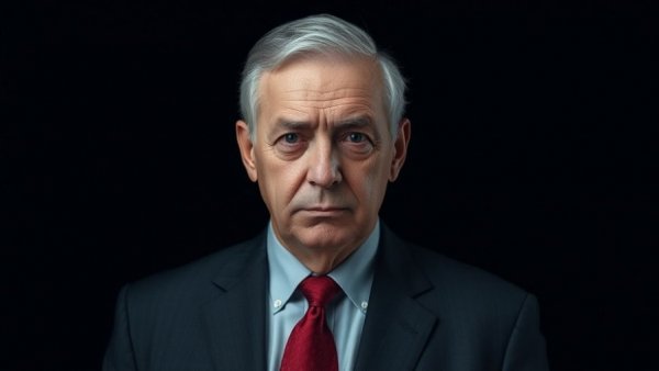 Serious-looking man in a suit with red tie, dark background.