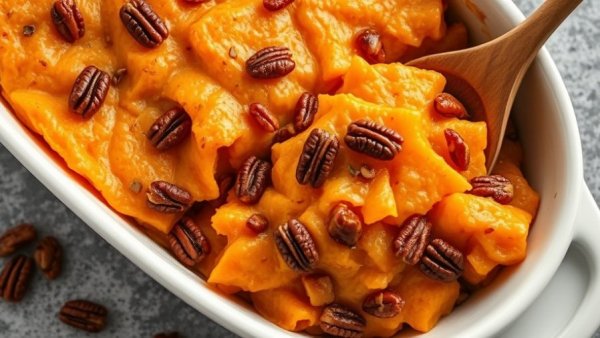 Baked maple scalloped sweet potatoes with pecans.