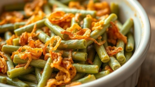 Delicious green bean casserole with crispy onions.