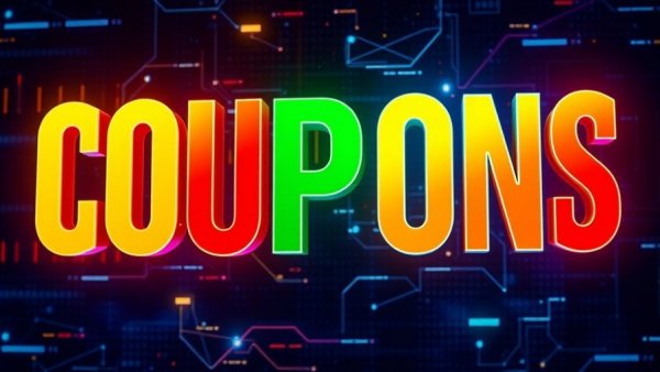 Bold 'COUPONS' text on vibrant gradient background.