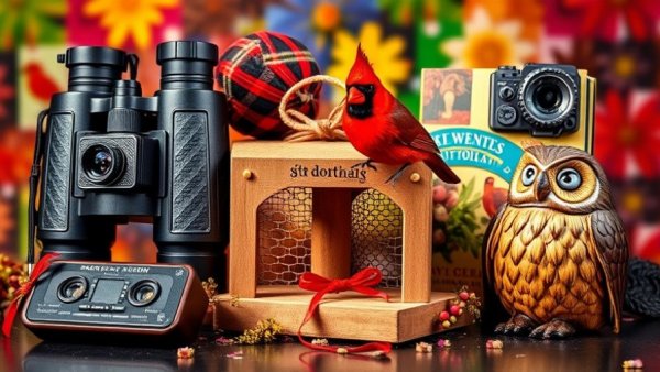 Gifts for bird lovers including bird feeder and binoculars.