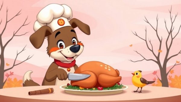 Animated scene from A Charlie Brown Thanksgiving with a dog carving a turkey.