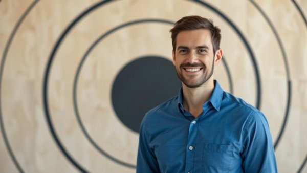 Confident man smiling on stage during announcement.