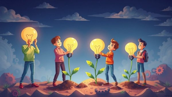 Conceptual illustration of people with light bulbs symbolizing open source AI innovation in the US.
