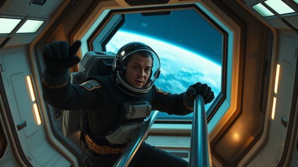 Scene from new Star Trek movie with man in space suit.