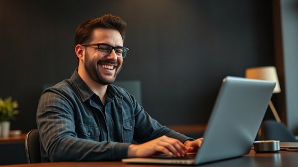 Smiling solo entrepreneur at desk with laptop, ChatGPT Atlas.