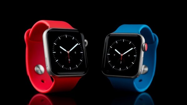 Apple Watches with red and blue bands against black background.