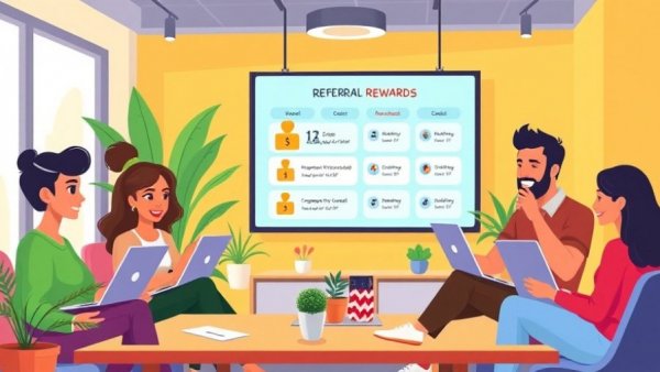 Cartoon illustration of a referral rewards program meeting in an office.