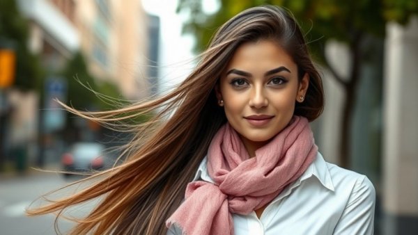 Confident woman outdoors in white shirt and pink scarf.