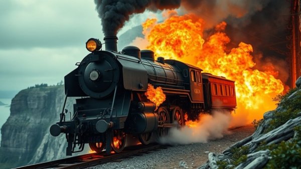 Flaming steam locomotive in dramatic fall from cliff in Back to the Future trilogy.