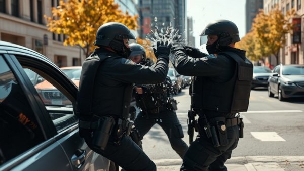 Charlotte immigration operations: Officers breaking car window during operation.