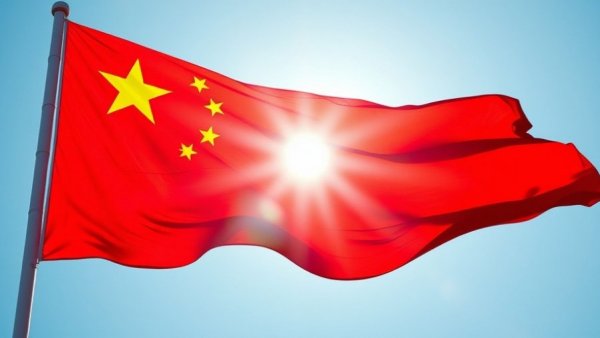 Chinese flag waving in sunlight against a blue sky, symbolizing national identity.