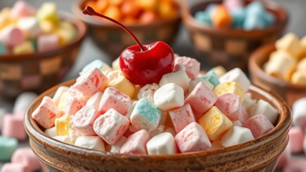 Vibrant Ambrosia Salad Recipe topped with a cherry and marshmallows.