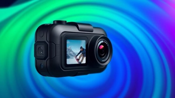 Futuristic action camera with vivid gradient background