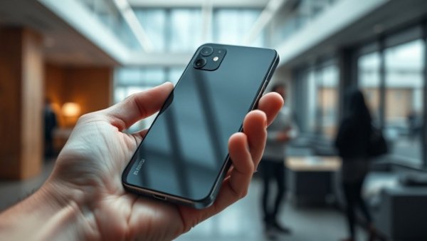 Sleek smartphone held in hand, modern setting.