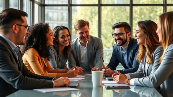 Diverse team discussing best practices for recruiting in an office.