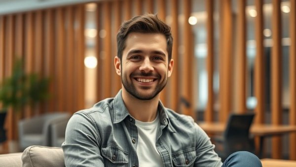 Smiling man in modern office booth, European fintech unicorns.