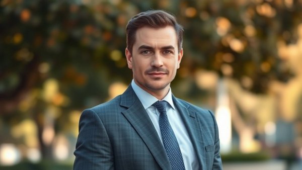 Confident man in a suit, standing outdoors, warm lighting.
