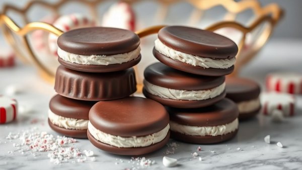 Homemade peppermint patties stacked on marble surface.