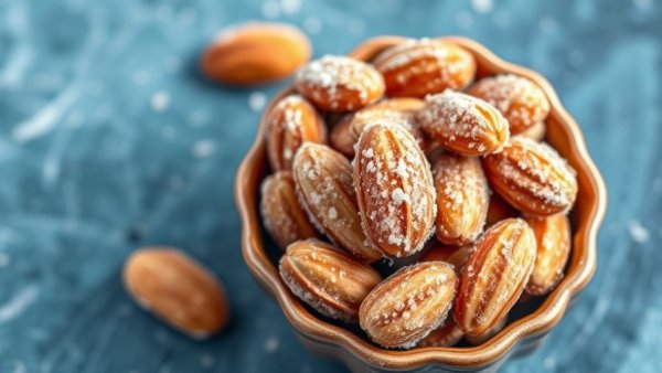 Sugared praline almonds in a bowl on a blue surface.