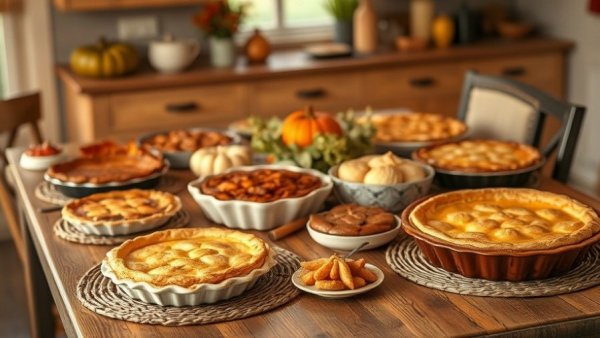 Thanksgiving dessert table with pies, rustic cozy setup.