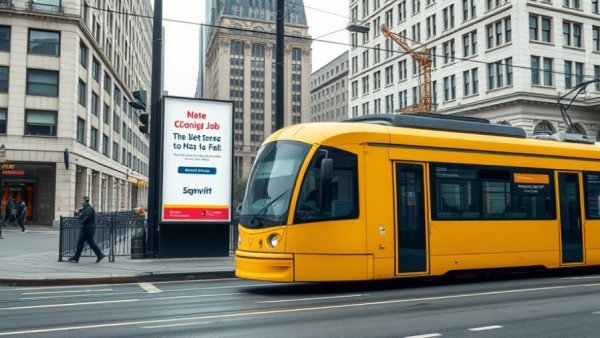 Urban street with tram and billboard for generative engine optimization for brands.