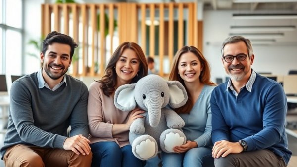 Group of four people smiling with plush elephant in a bright office.