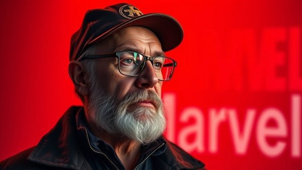 Reflective older man in front of Marvel logo, exploring Marvel reboot risks.