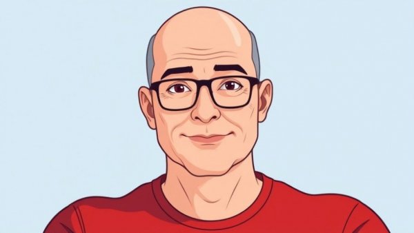 Middle-aged man with glasses in red shirt, blue background.