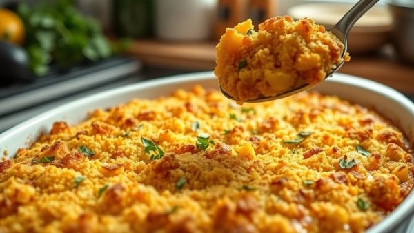 Golden breadcrumb-topped squash casserole being served.