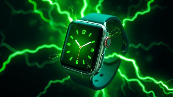 Apple Watch fast charging with green energy effects.
