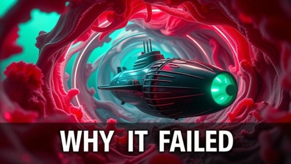 Futuristic submarine in red tunnels explores 'Innerspace' failure